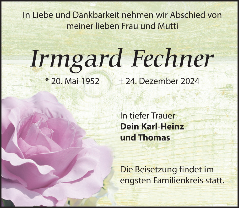  Traueranzeige für Irmgard Fechner vom 11.01.2025 aus Wochenspiegel