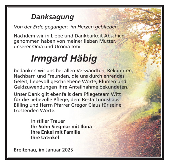 Traueranzeige von Irmgard Häbig von Sächsische Zeitung