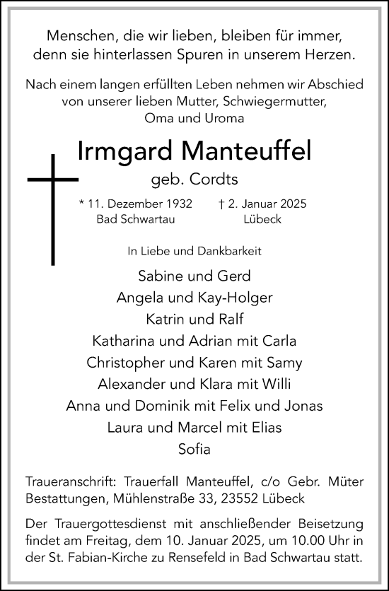 Traueranzeige von Irmgard Manteuffel von Lübecker Nachrichten