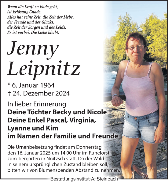 Traueranzeige von Jenny Leipnitz von Leipziger Volkszeitung