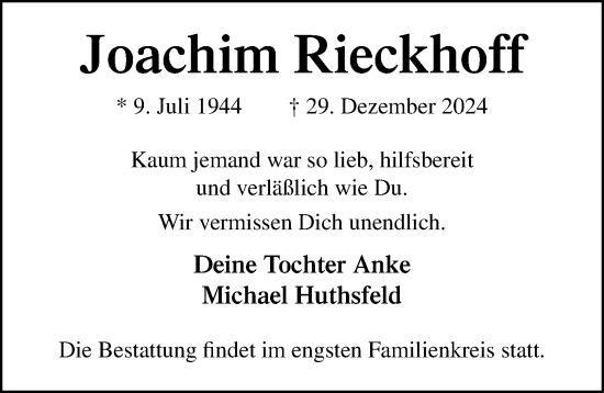 Traueranzeige von Joachim Rieckhoff von Lübecker Nachrichten