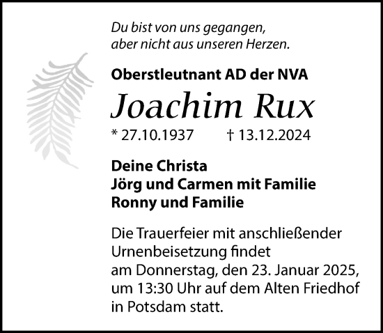 Traueranzeige von Joachim Rux von Märkischen Allgemeine Zeitung