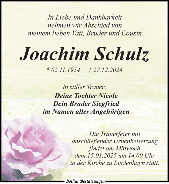 Traueranzeige von Joachim Schulz von Leipziger Volkszeitung