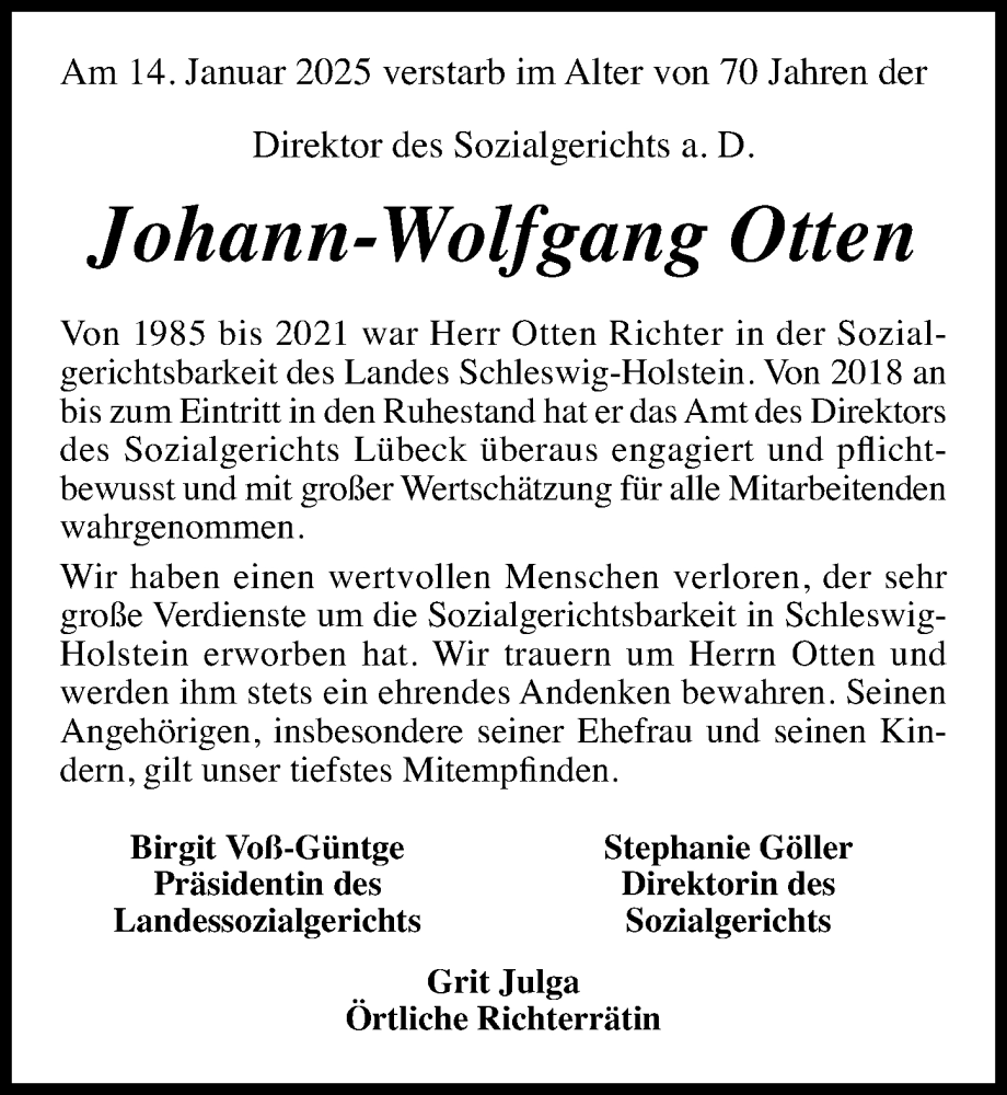  Traueranzeige für Johann-Wolfgang Otten vom 26.01.2025 aus Lübecker Nachrichten