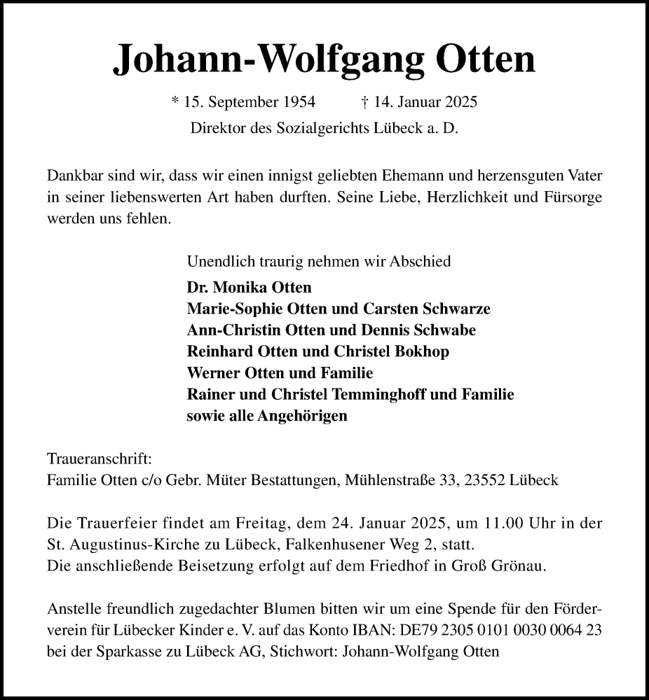  Traueranzeige für Johann-Wolfgang Otten vom 19.01.2025 aus Lübecker Nachrichten