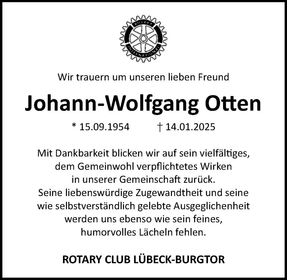  Traueranzeige für Johann-Wolfgang Otten vom 19.01.2025 aus Lübecker Nachrichten