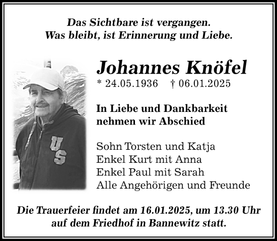 Traueranzeige von Johannes Knöfel von Sächsische Zeitung