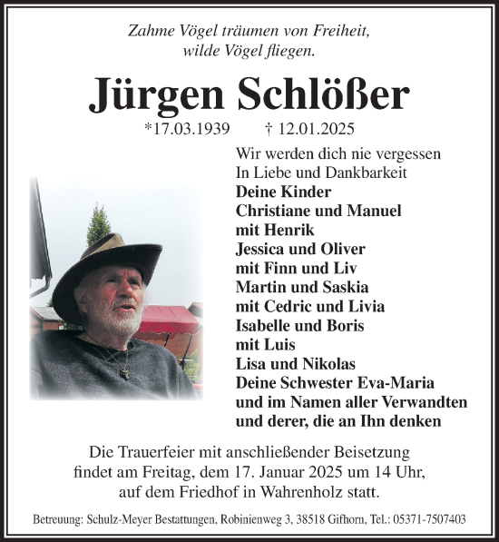 Traueranzeige von Jürgen Schlößer von Aller Zeitung