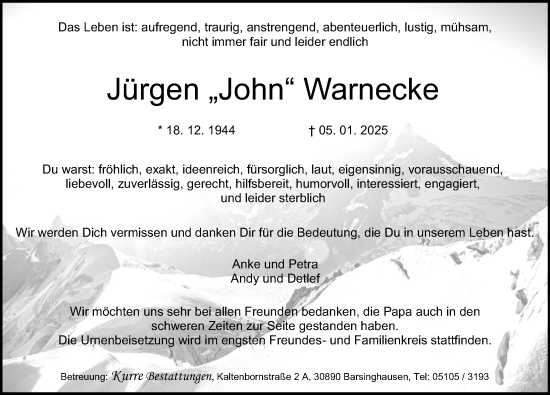 Traueranzeige von Jürgen  Warnecke von Hannoversche Allgemeine Zeitung/Neue Presse