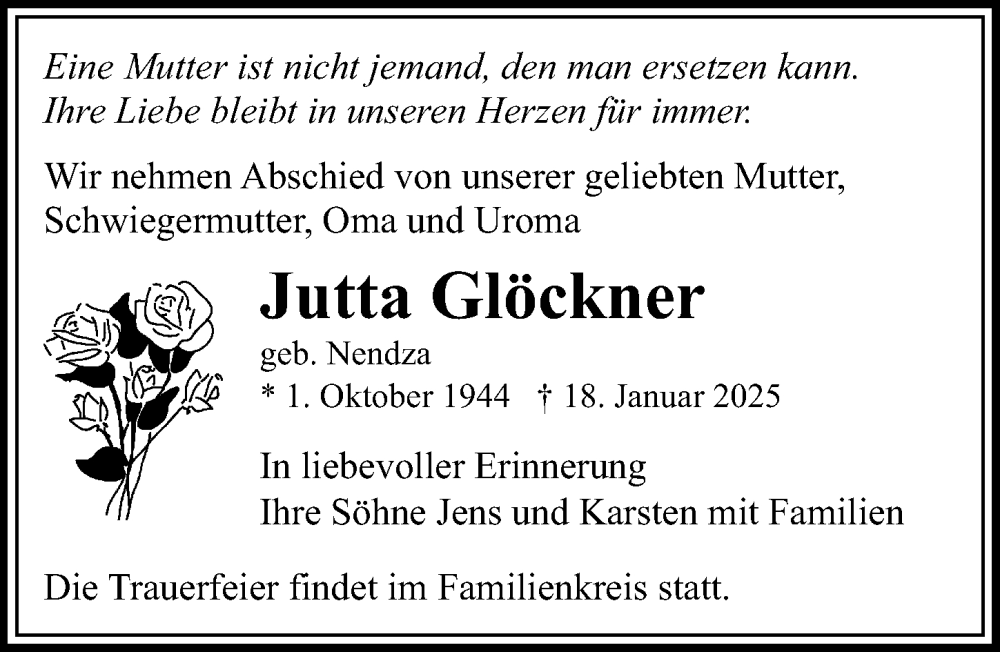  Traueranzeige für Jutta Glöckner vom 25.01.2025 aus Sächsische Zeitung