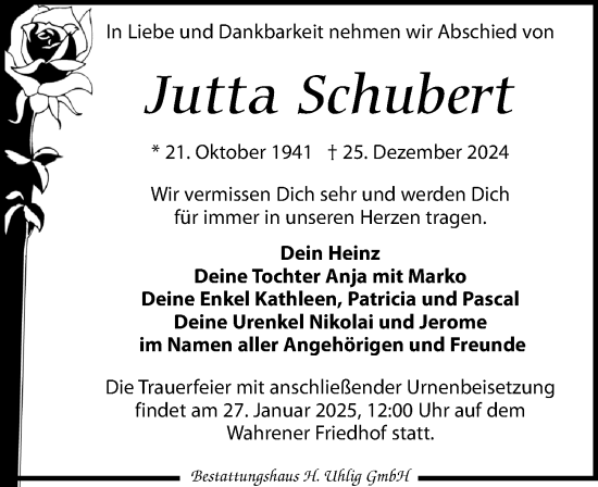 Traueranzeige von Jutta Schubert von Leipziger Volkszeitung