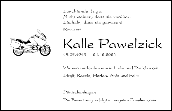 Traueranzeige von Kalle Pawelzick von Kieler Nachrichten