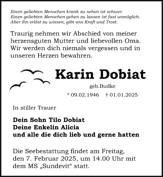 Traueranzeige von Karin Dobiat von Ostsee-Zeitung GmbH