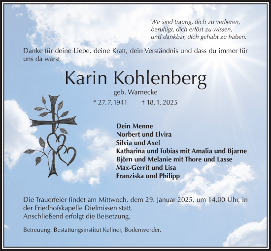 Traueranzeige von Karin Kohlenberg von Täglicher Anzeiger Holzminden