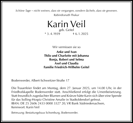 Traueranzeige von Karin Veil von Täglicher Anzeiger Holzminden