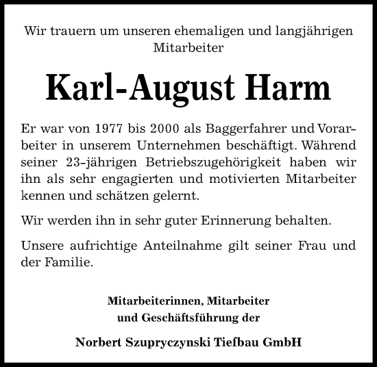 Traueranzeige von Karl-August Harm von Kieler Nachrichten