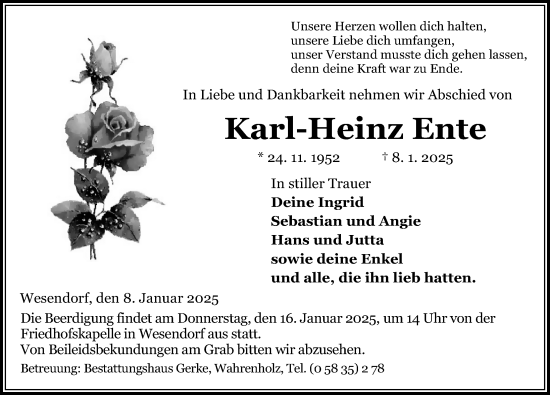 Traueranzeige von Karl-Heinz Ente von Aller Zeitung