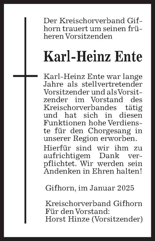  Traueranzeige für Karl-Heinz Ente vom 11.01.2025 aus Aller Zeitung