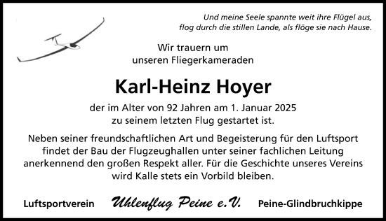 Traueranzeige von Karl-Heinz Hoyer von Peiner Allgemeine Zeitung