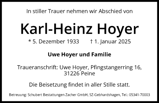 Traueranzeige von Karl-Heinz Hoyer von Peiner Allgemeine Zeitung