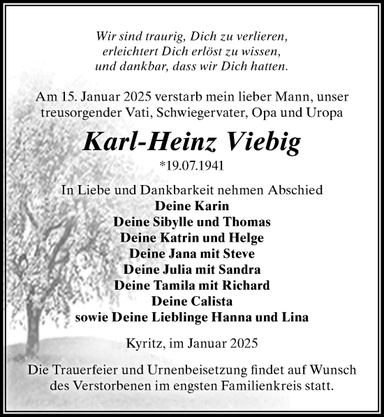 Traueranzeige von Karl-Heinz Viebig von Wochenspiegel