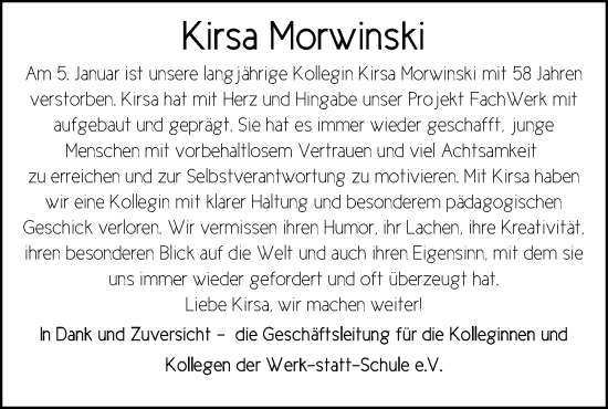 Traueranzeige von Kirsa Morwinski von Hannoversche Allgemeine Zeitung/Neue Presse