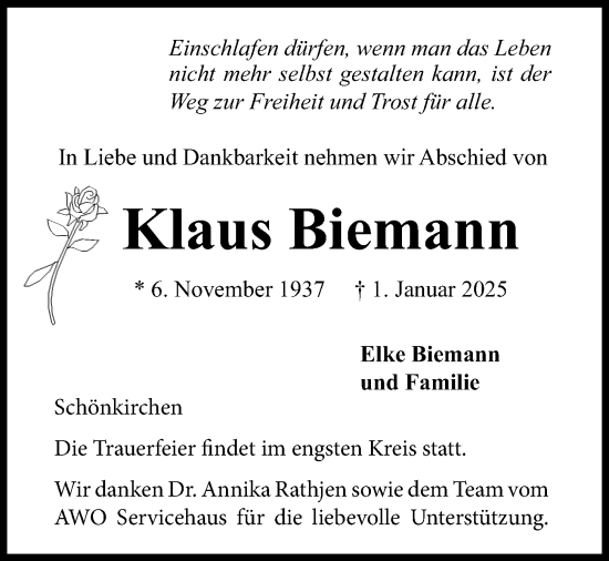 Traueranzeige von Klaus Biemann von Kieler Nachrichten