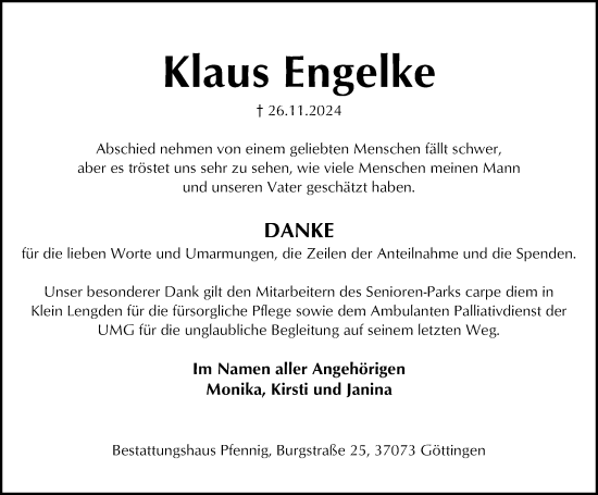 Traueranzeige von Klaus Engelke von Göttinger Tageblatt
