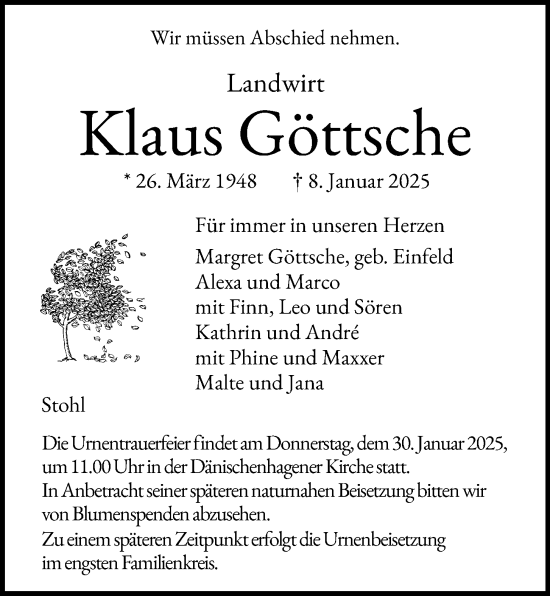 Traueranzeige von Klaus Göttsche von Kieler Nachrichten