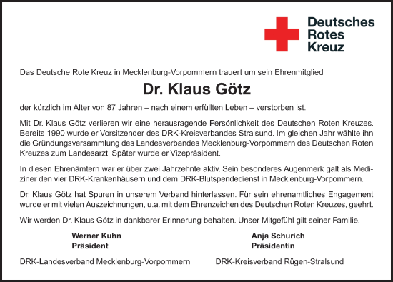 Traueranzeige von Klaus Götz von Ostsee-Zeitung GmbH