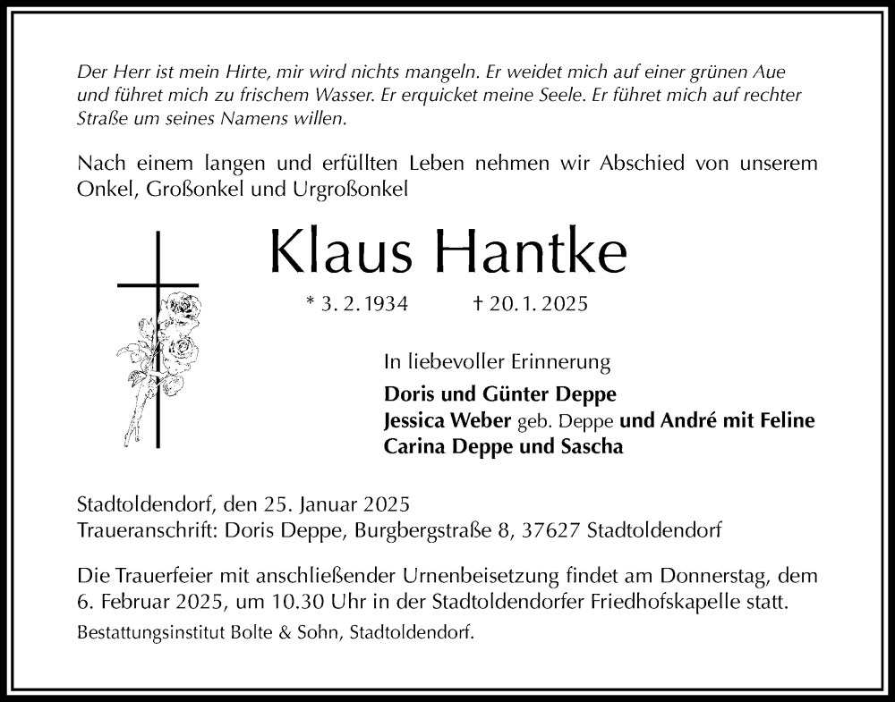  Traueranzeige für Klaus Hantke vom 25.01.2025 aus Täglicher Anzeiger Holzminden