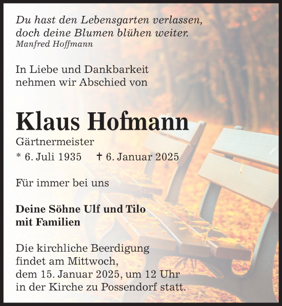 Traueranzeige von Klaus Hofmann von Sächsische Zeitung