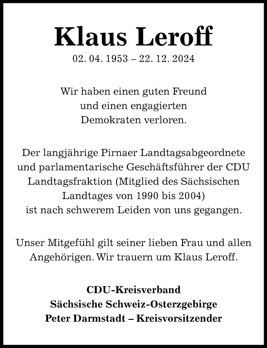 Traueranzeige von Klaus Leroff von Sächsische Zeitung