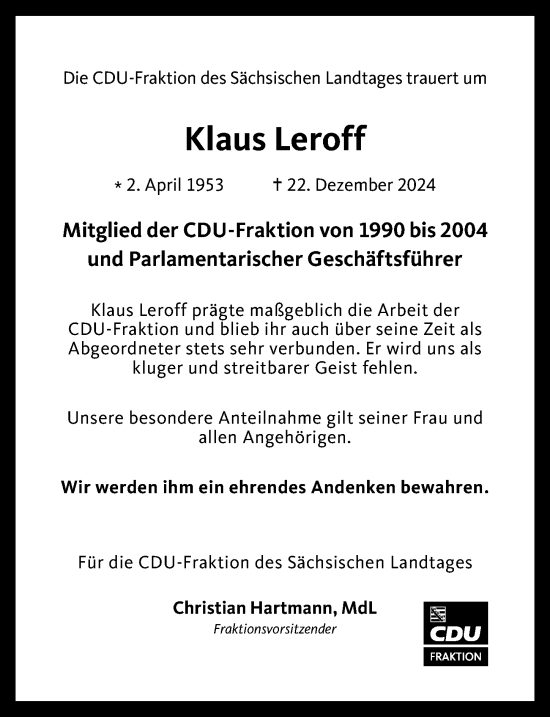 Traueranzeige von Klaus Leroff von Sächsische Zeitung