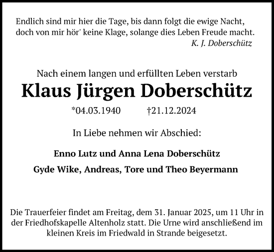 Traueranzeige von Klaus Jürgen Doberschütz von Kieler Nachrichten