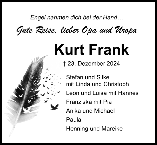 Traueranzeige von Kurt Frank von Eichsfelder Tageblatt