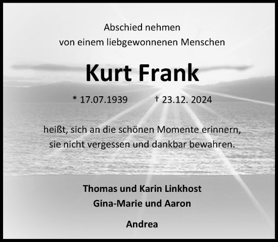 Traueranzeige von Kurt Frank von Eichsfelder Tageblatt