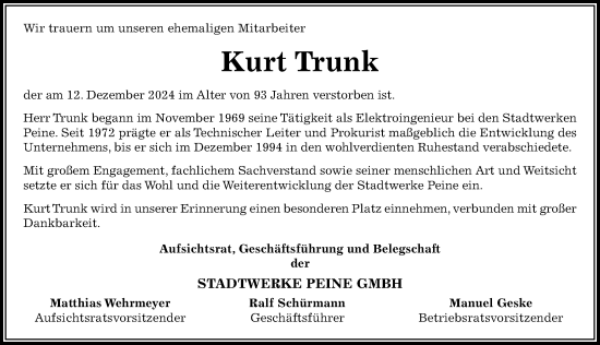 Traueranzeige von Kurt Trunk von Peiner Allgemeine Zeitung