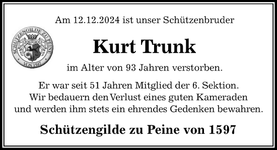 Traueranzeige von Kurt Trunk von Peiner Allgemeine Zeitung