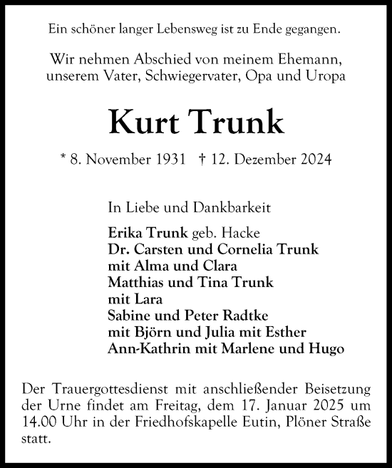 Traueranzeige von Kurt Trunk von Peiner Allgemeine Zeitung