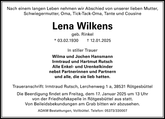 Traueranzeige von Lena Wilkens von Aller Zeitung