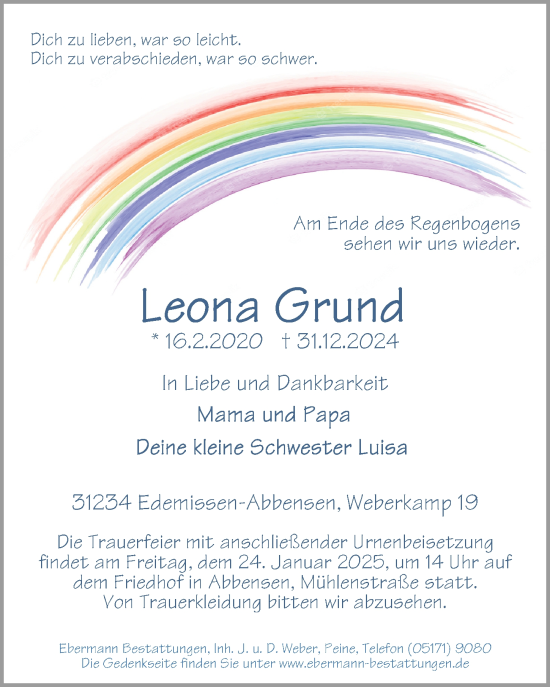 Traueranzeige von Leona Grund von Peiner Allgemeine Zeitung