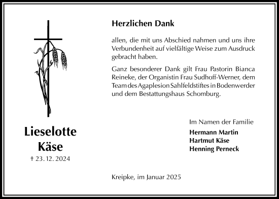Traueranzeige von Lieselotte Käse von Täglicher Anzeiger Holzminden
