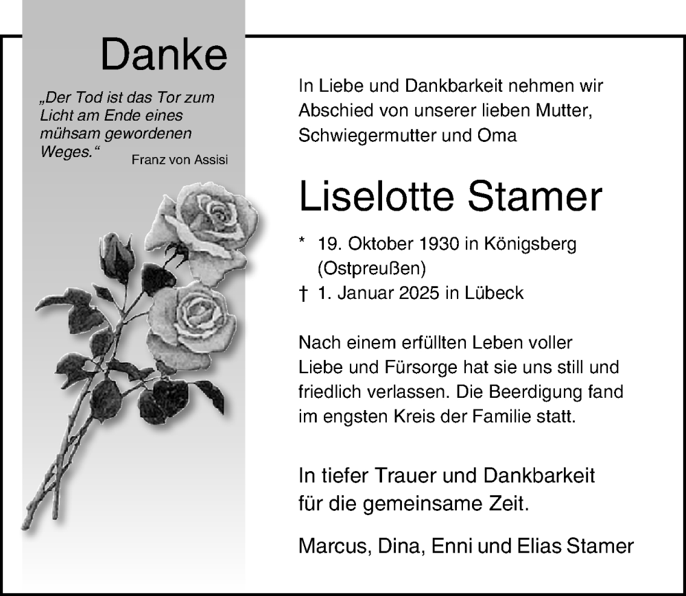  Traueranzeige für Liselotte Stamer vom 12.01.2025 aus Lübecker Nachrichten