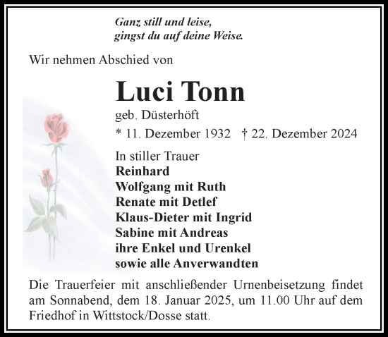 Traueranzeige von Luci Tonn von Wochenspiegel