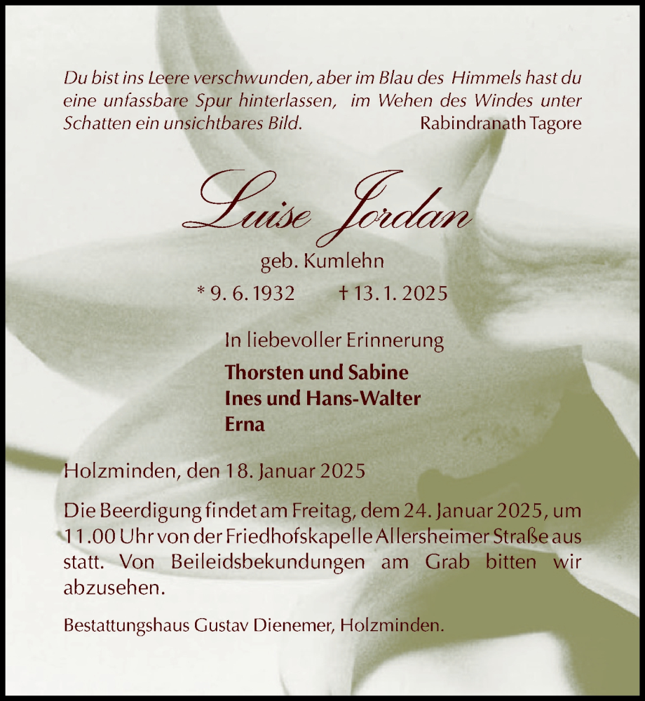  Traueranzeige für Luise Jordan vom 18.01.2025 aus Täglicher Anzeiger Holzminden