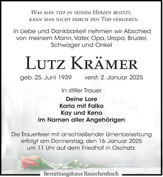 Traueranzeige von Lutz Krämer von Leipziger Volkszeitung