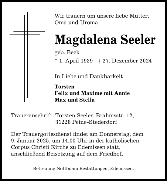 Traueranzeige von Magdalena Seeler von Peiner Allgemeine Zeitung