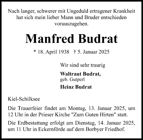 Traueranzeige von Manfred Budrat von Kieler Nachrichten