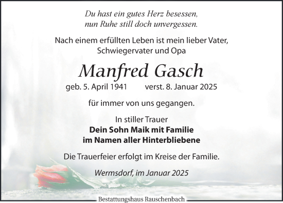 Traueranzeige von Manfred Gasch von Leipziger Volkszeitung